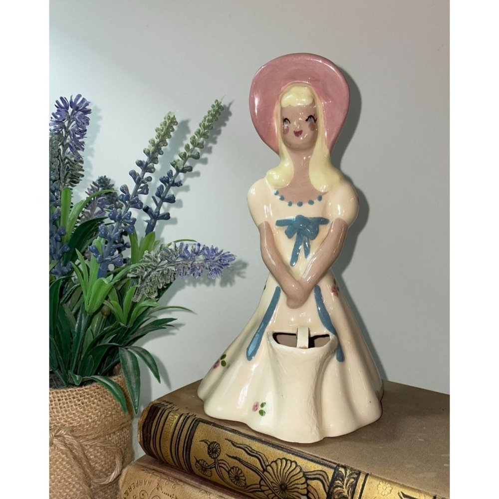 Vintage YONA Pottery Ceramic Girl in Bonnet Figurine Vase Signed